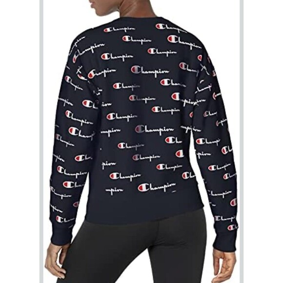 Champion Women’s Sm Reverse Weave Crew Sweatshirt Blue Logo Spellout Athleisure - Picture 2 of 8